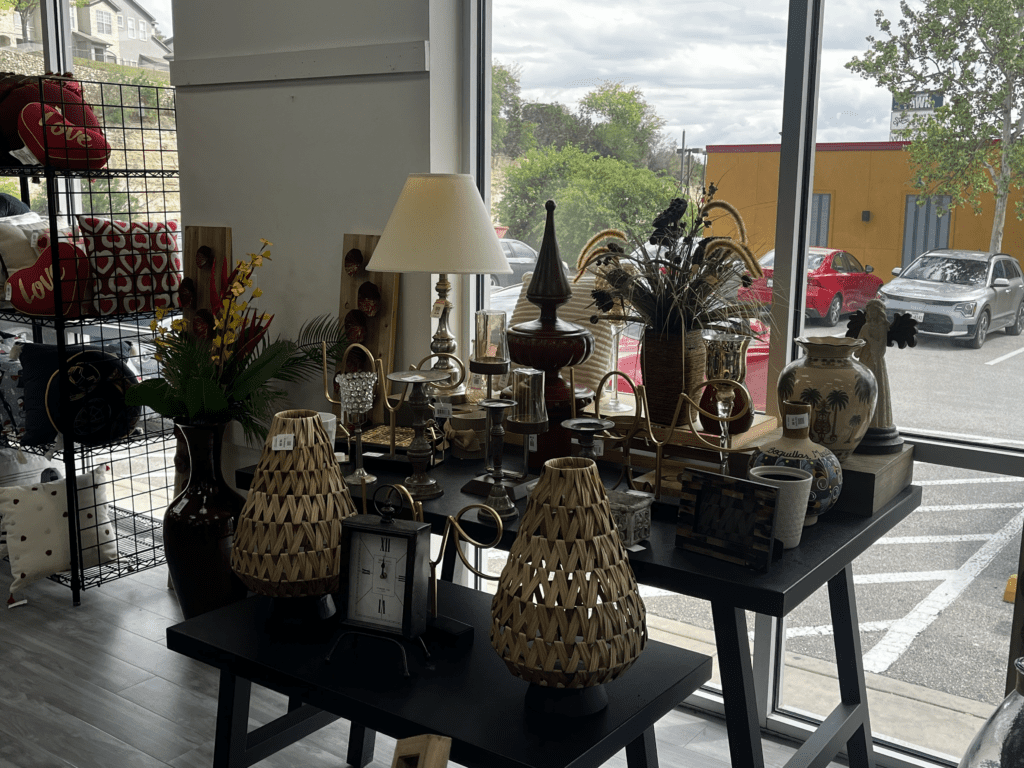 Decorative items displayed on a table indoors.