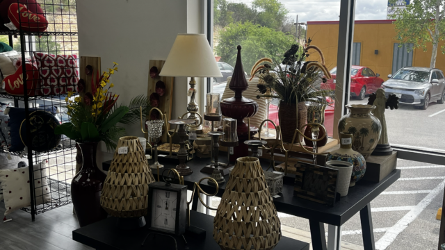 Decorative items displayed on a table indoors.